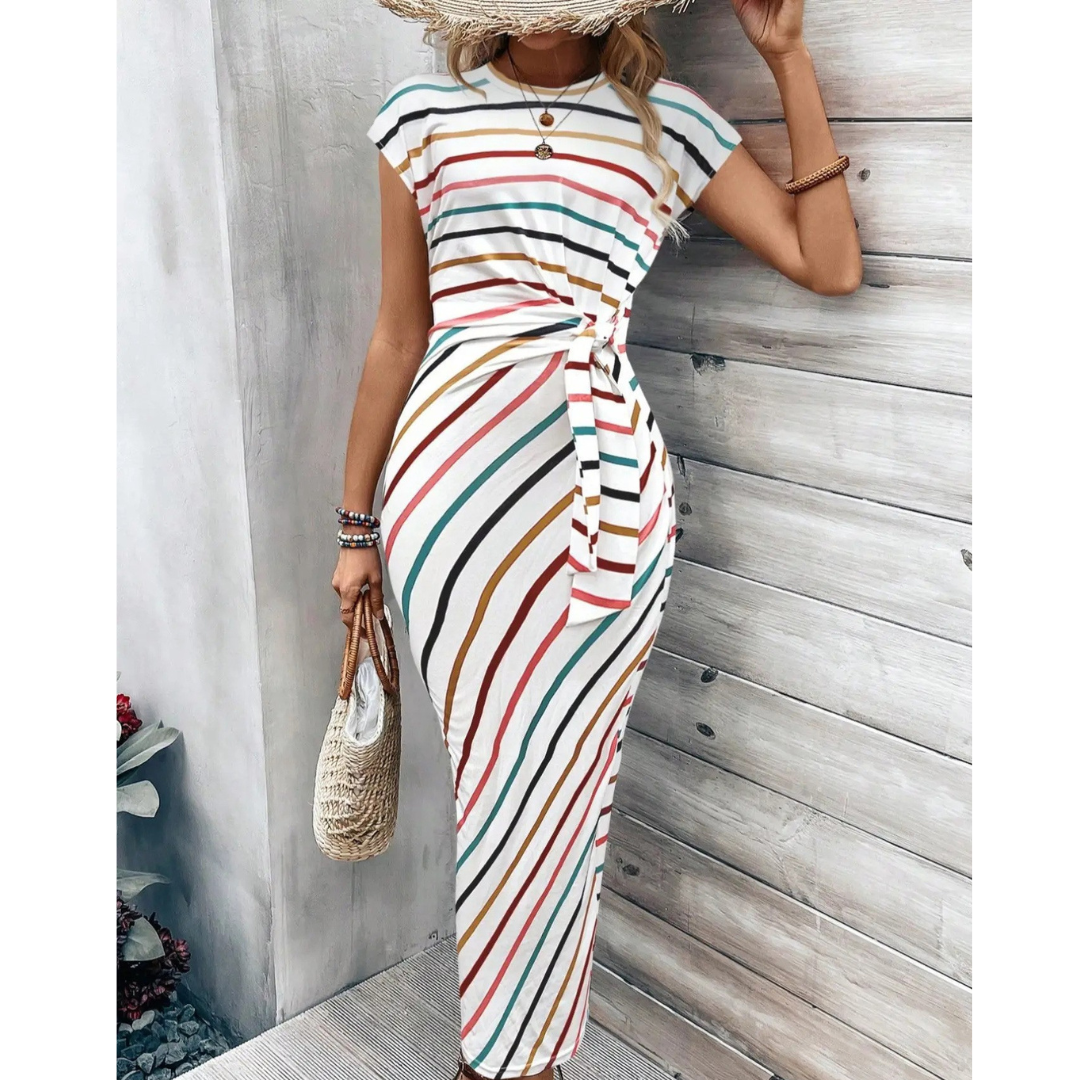 Lucie – Moderní pruhované šaty s bočním vázáním