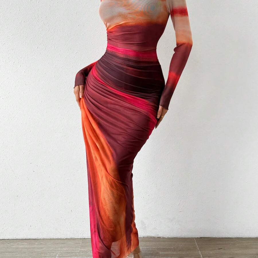 Dominika - Pohodlné přiléhavé maxi šaty s potiskem